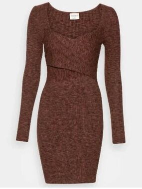 Abercrombie & Fitch Brown Ribbed Long-Sleeve Midi Dress